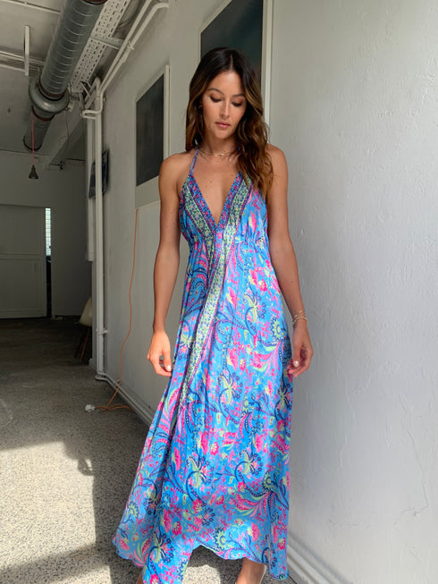 Blue open Back Silk Dress