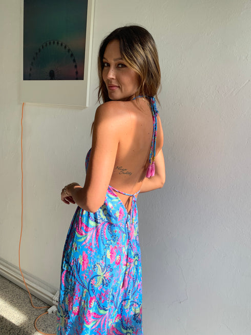 Blue open Back Silk Dress