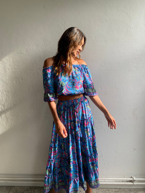 Blue Floral Silk Set Top and Skirt